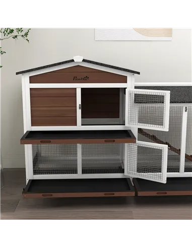 PawHut Wooden Two-Tier Pet Hutch with Wheels, Run - Brown