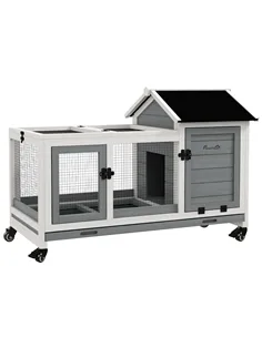 PawHut Wooden Rabbit Hutch, Guinea Pig Cage, with Removable Tray, Wheels - Grey