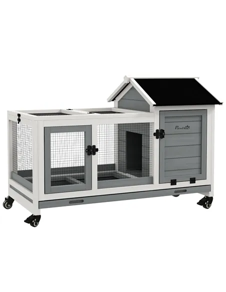 PawHut Wooden Rabbit Hutch, Guinea Pig Cage, with Removable Tray, Wheels - Grey