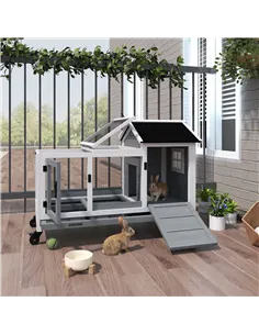 PawHut Wooden Rabbit Hutch, Guinea Pig Cage, with Removable Tray, Wheels - Grey 2