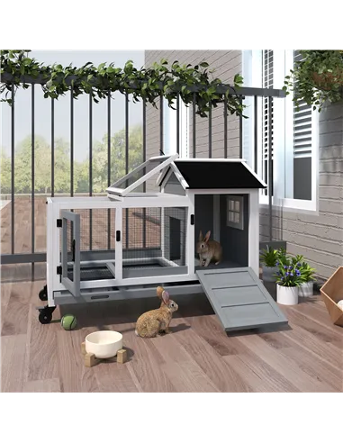 PawHut Wooden Rabbit Hutch, Guinea Pig Cage, with Removable Tray, Wheels - Grey