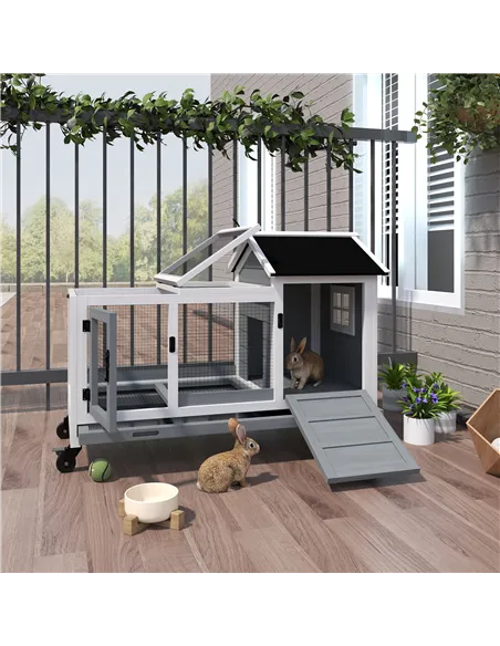 PawHut Wooden Rabbit Hutch, Guinea Pig Cage, with Removable Tray, Wheels - Grey