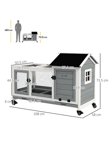 PawHut Wooden Rabbit Hutch, Guinea Pig Cage, with Removable Tray, Wheels - Grey
