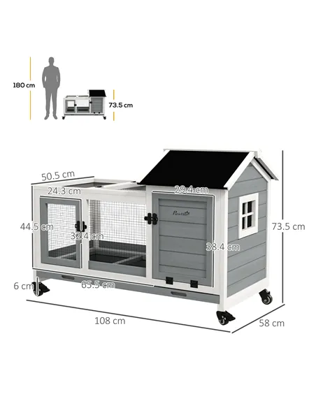PawHut Wooden Rabbit Hutch, Guinea Pig Cage, with Removable Tray, Wheels - Grey