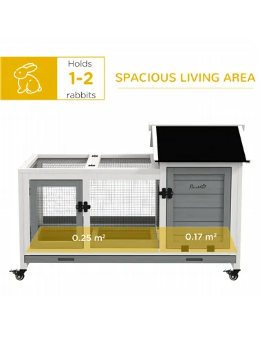 PawHut Wooden Rabbit Hutch, Guinea Pig Cage, with Removable Tray, Wheels - Grey