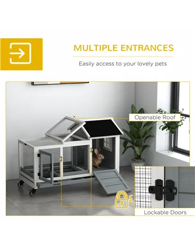 PawHut Wooden Rabbit Hutch, Guinea Pig Cage, with Removable Tray, Wheels - Grey