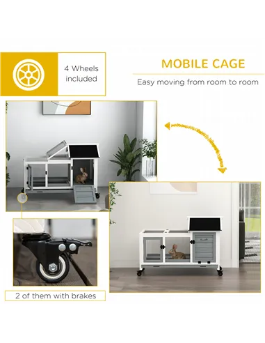 PawHut Wooden Rabbit Hutch, Guinea Pig Cage, with Removable Tray, Wheels - Grey