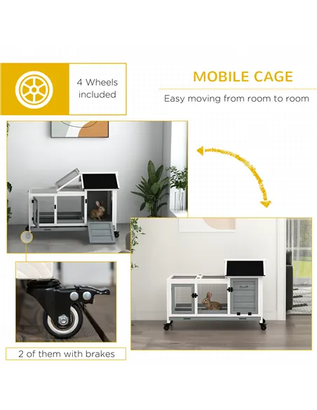 PawHut Wooden Rabbit Hutch, Guinea Pig Cage, with Removable Tray, Wheels - Grey
