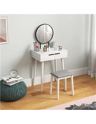 HOMCOM Dressing Table with Mirror and Stool, Vanity Makeup Desk Set with 2 Drawers, Cushioned Stool and Make-up Organiser for Be