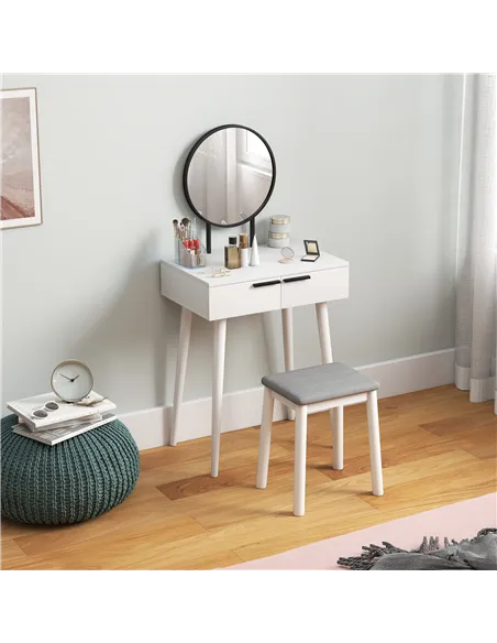 HOMCOM Dressing Table with Mirror and Stool, Vanity Makeup Desk Set with 2 Drawers, Cushioned Stool and Make-up Organiser for Be