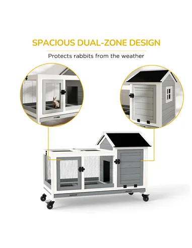 PawHut Wooden Rabbit Hutch, Guinea Pig Cage, with Removable Tray, Wheels - Grey