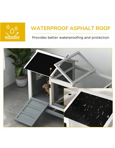 PawHut Wooden Rabbit Hutch, Guinea Pig Cage, with Removable Tray, Wheels - Grey