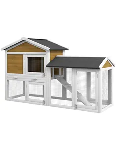 PawHut Wooden Rabbit Hutch Outdoor, Double Tier with Water-Resistant Roof, Ramp 147 x 54 x 84 cm, Yellow
