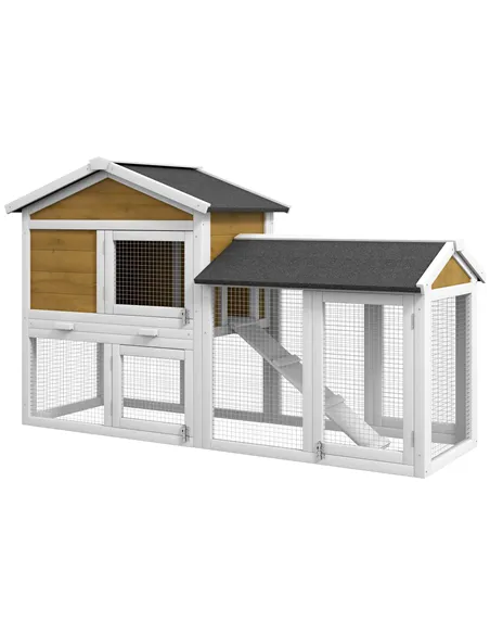 PawHut Wooden Rabbit Hutch Outdoor, Double Tier with Water-Resistant Roof, Ramp 147 x 54 x 84 cm, Yellow