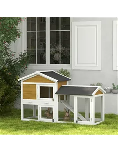 PawHut Wooden Rabbit Hutch Outdoor, Double Tier with Water-Resistant Roof, Ramp 147 x 54 x 84 cm, Yellow 2