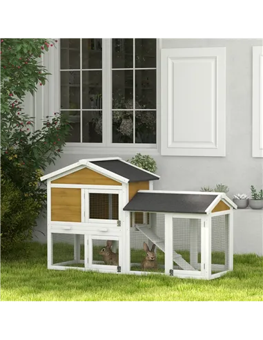 PawHut Wooden Rabbit Hutch Outdoor, Double Tier with Water-Resistant Roof, Ramp 147 x 54 x 84 cm, Yellow