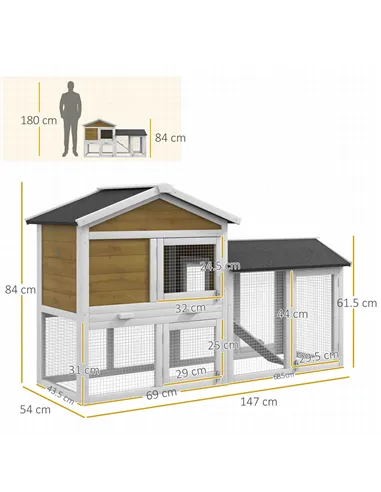 PawHut Wooden Rabbit Hutch Outdoor, Double Tier with Water-Resistant Roof, Ramp 147 x 54 x 84 cm, Yellow