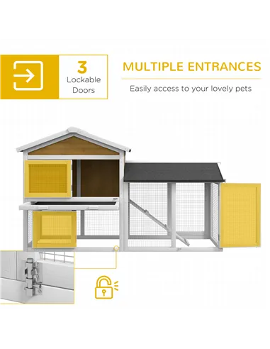 PawHut Wooden Rabbit Hutch Outdoor, Double Tier with Water-Resistant Roof, Ramp 147 x 54 x 84 cm, Yellow