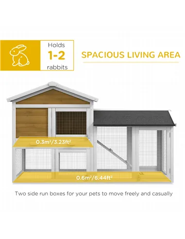 PawHut Wooden Rabbit Hutch Outdoor, Double Tier with Water-Resistant Roof, Ramp 147 x 54 x 84 cm, Yellow