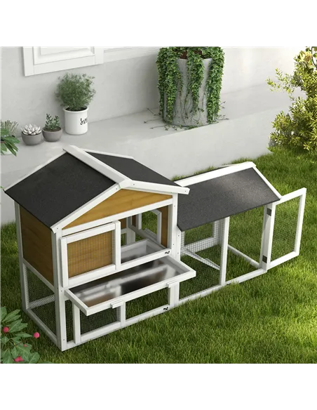 PawHut Wooden Rabbit Hutch Outdoor, Double Tier with Water-Resistant Roof, Ramp 147 x 54 x 84 cm, Yellow