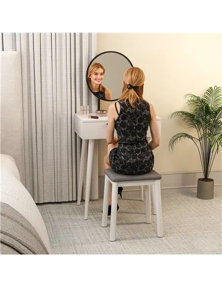HOMCOM Dressing Table with Mirror and Stool, Vanity Makeup Desk Set with 2 Drawers, Cushioned Stool and Make-up Organiser for Be