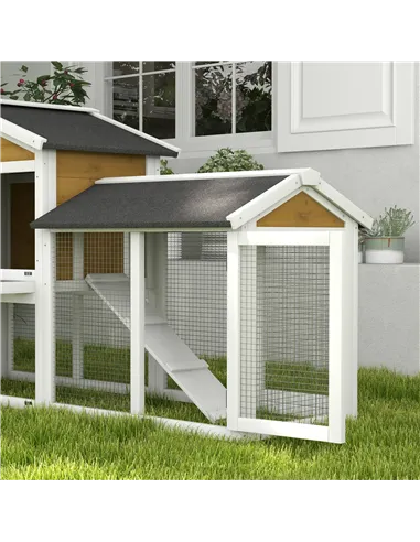 PawHut Wooden Rabbit Hutch Outdoor, Double Tier with Water-Resistant Roof, Ramp 147 x 54 x 84 cm, Yellow