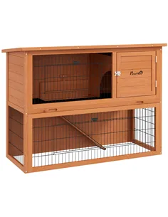 PawHut Two-Tier Antiseptic Wood Rabbit Hutch, 92cm Guinea Pig Hutch with Run - Orange