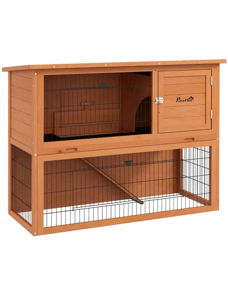 PawHut Two-Tier Antiseptic Wood Rabbit Hutch, 92cm Guinea Pig Hutch with Run - Orange