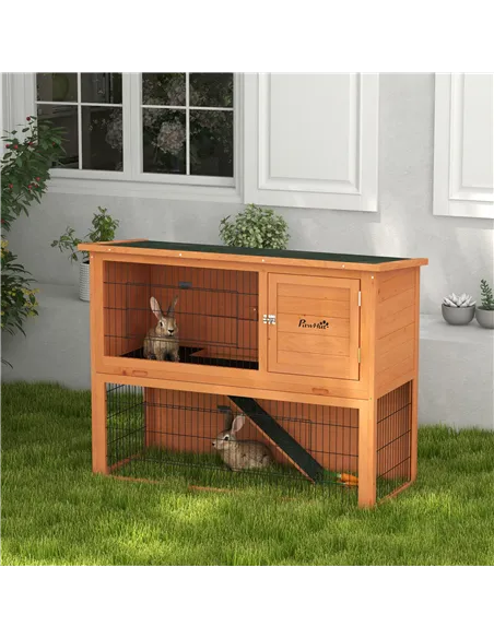 PawHut Two-Tier Antiseptic Wood Rabbit Hutch, 92cm Guinea Pig Hutch with Run - Orange