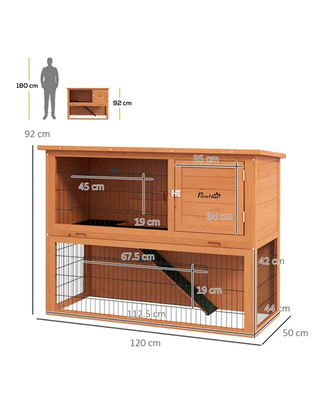 PawHut Two-Tier Antiseptic Wood Rabbit Hutch, 92cm Guinea Pig Hutch with Run - Orange