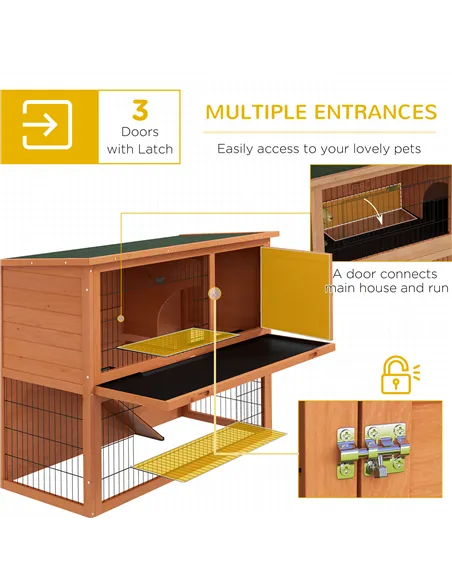 PawHut Two-Tier Antiseptic Wood Rabbit Hutch, 92cm Guinea Pig Hutch with Run - Orange