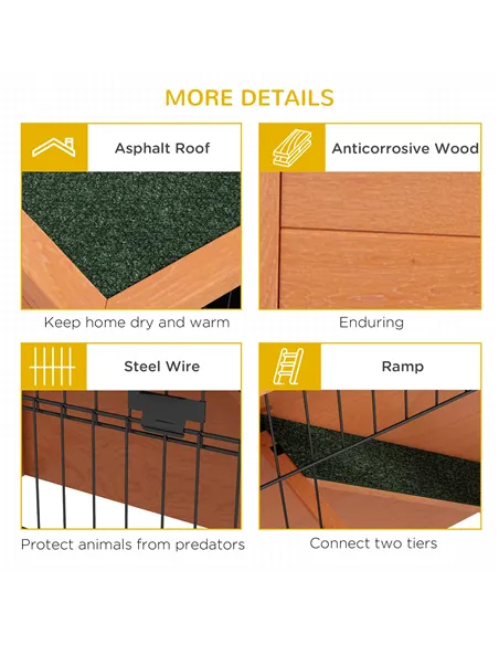PawHut Two-Tier Antiseptic Wood Rabbit Hutch, 92cm Guinea Pig Hutch with Run - Orange