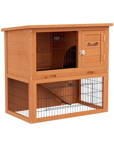 PawHut Two-Tier Antiseptic Wood Rabbit Hutch, 80cm Guinea Pig Hutch with Run - Orange