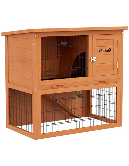 PawHut Two-Tier Antiseptic Wood Rabbit Hutch, 80cm Guinea Pig Hutch with Run - Orange