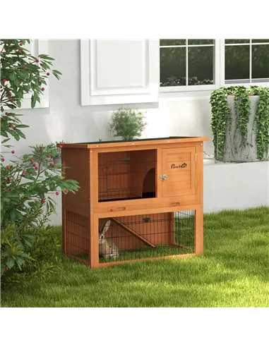 PawHut Two-Tier Antiseptic Wood Rabbit Hutch, 80cm Guinea Pig Hutch with Run - Orange