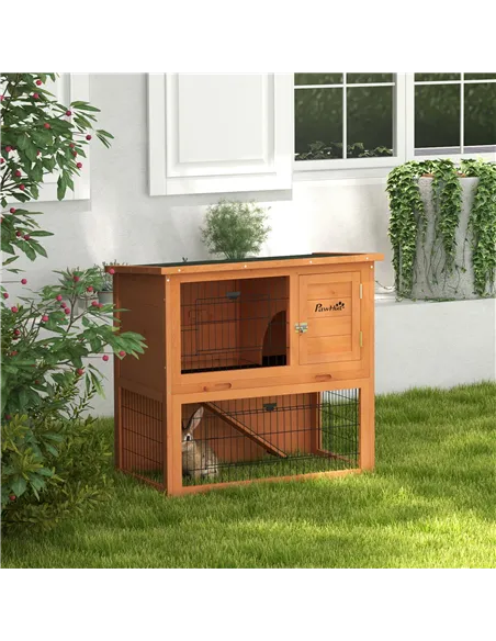 PawHut Two-Tier Antiseptic Wood Rabbit Hutch, 80cm Guinea Pig Hutch with Run - Orange