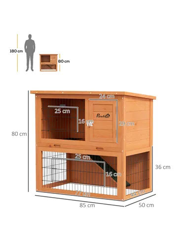PawHut Two-Tier Antiseptic Wood Rabbit Hutch, 80cm Guinea Pig Hutch with Run - Orange