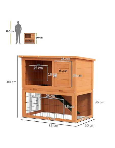 PawHut Two-Tier Antiseptic Wood Rabbit Hutch, 80cm Guinea Pig Hutch with Run - Orange