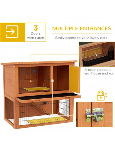 PawHut Two-Tier Antiseptic Wood Rabbit Hutch, 80cm Guinea Pig Hutch with Run - Orange