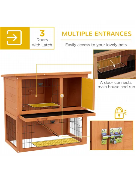 PawHut Two-Tier Antiseptic Wood Rabbit Hutch, 80cm Guinea Pig Hutch with Run - Orange