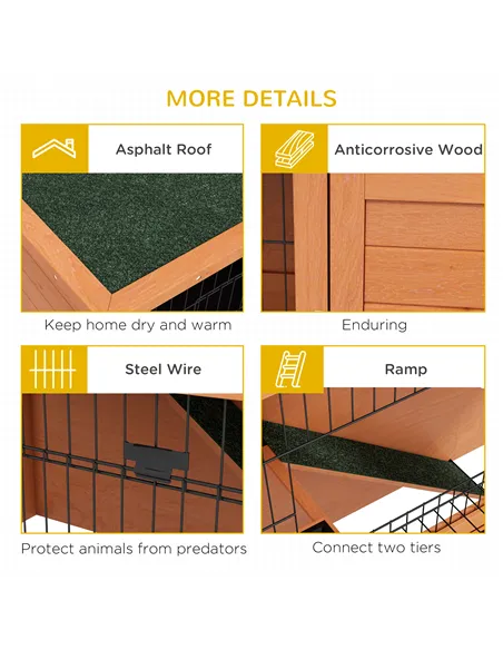 PawHut Two-Tier Antiseptic Wood Rabbit Hutch, 80cm Guinea Pig Hutch with Run - Orange