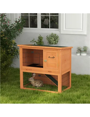 PawHut Two-Tier Antiseptic Wood Rabbit Hutch, 80cm Guinea Pig Hutch with Run - Orange