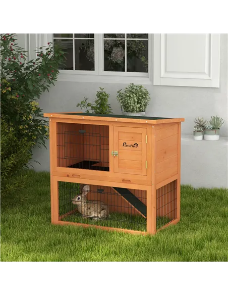 PawHut Two-Tier Antiseptic Wood Rabbit Hutch, 80cm Guinea Pig Hutch with Run - Orange