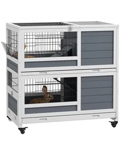 PawHut Double Deckers Guinea Pig Cage, Indoor Rabbit Hutch with Feeding Trough, Trays, Ramps, Openable Top - Grey