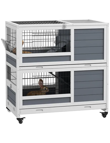 PawHut Double Deckers Guinea Pig Cage, Indoor Rabbit Hutch with Feeding Trough, Trays, Ramps, Openable Top - Grey