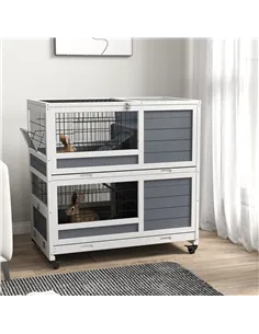 PawHut Double Deckers Guinea Pig Cage, Indoor Rabbit Hutch with Feeding Trough, Trays, Ramps, Openable Top - Grey 2