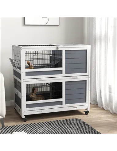 PawHut Double Deckers Guinea Pig Cage, Indoor Rabbit Hutch with Feeding Trough, Trays, Ramps, Openable Top - Grey
