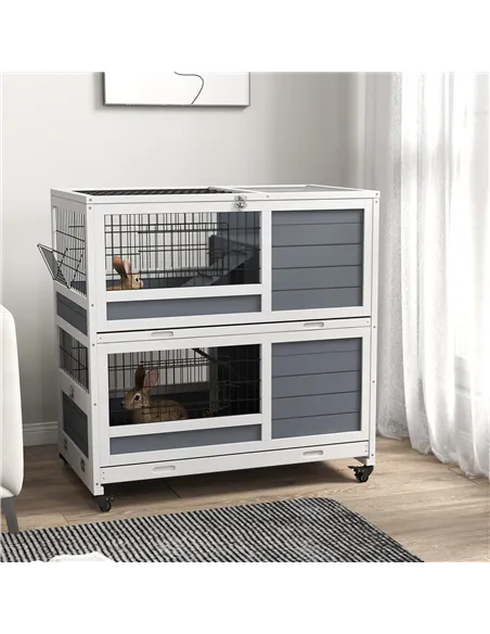 PawHut Double Deckers Guinea Pig Cage, Indoor Rabbit Hutch with Feeding Trough, Trays, Ramps, Openable Top - Grey