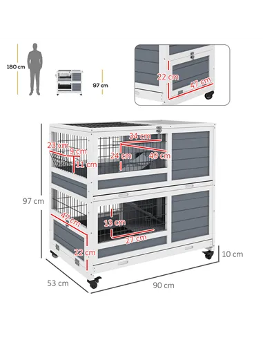 PawHut Double Deckers Guinea Pig Cage, Indoor Rabbit Hutch with Feeding Trough, Trays, Ramps, Openable Top - Grey