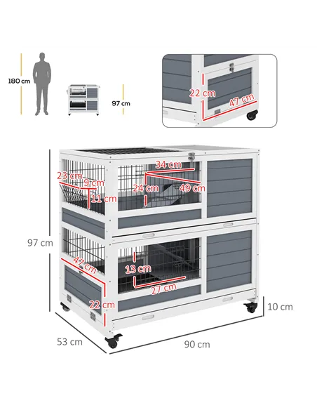 PawHut Double Deckers Guinea Pig Cage, Indoor Rabbit Hutch with Feeding Trough, Trays, Ramps, Openable Top - Grey